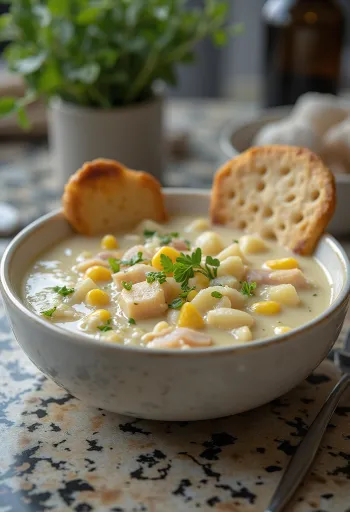 Krémes klasszikus chowder füstölt hallal és kukoricával tálalva