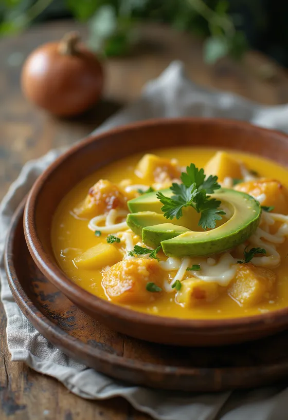 Locro de papa gazdag, krémes burgonyaleves, sajttal és tejföllel tálalva