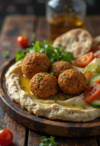 Friss meze tál falafellel, hummusszal, fetasajttal és zöldségekkel tálalva