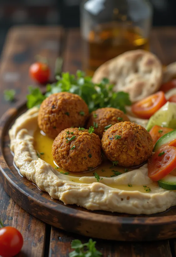 Friss meze tál falafellel, hummusszal, fetasajttal és zöldségekkel tálalva