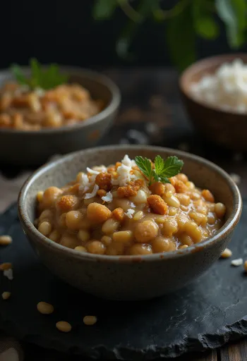 Moong Dal Payasam, indiai desszert kókusztejjel és kardamommal, friss díszítéssel