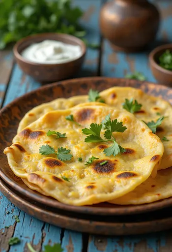 Paneer thepla gluténmentes tésztával, friss fűszerekkel és joghurttal tálalva