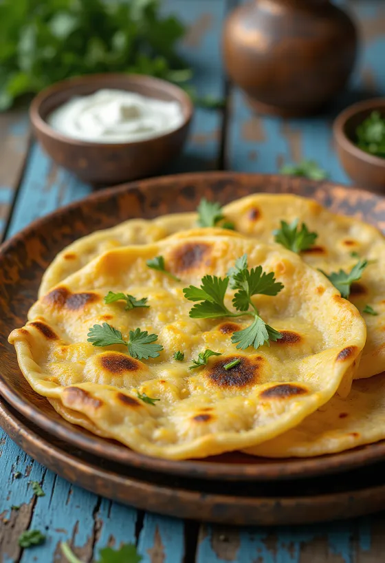 Paneer thepla gluténmentes tésztával, friss fűszerekkel és joghurttal tálalva