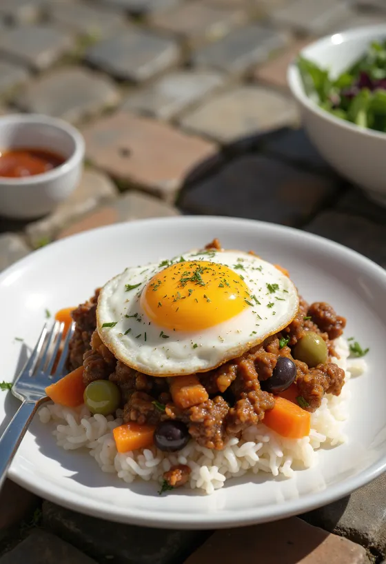 Picadillo tojással, friss korianderrel tálalva