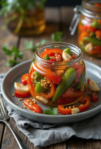 Pickled chili peppers in a glass jar