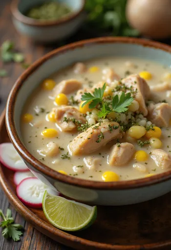 Pozole blanco tálalva sertéshússal, lime-mal, tejföllel és friss korianderrel