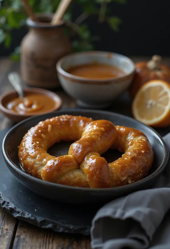 Pretzel karamellás szósszal tálalva, gazdag karamell bevonattal, kívül ropogós és belül puha.