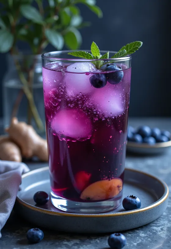 Probiotikus áfonya kombucha, jéggel és friss áfonyával
