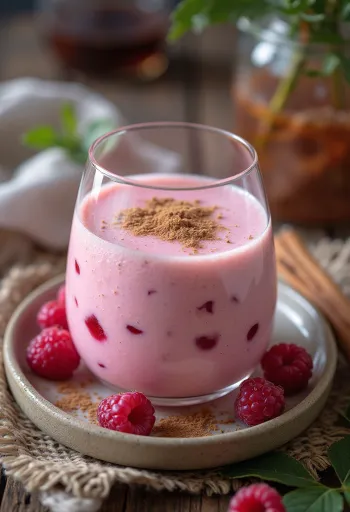 Probiotikus Málnás-fahéjas kefir pohárban, friss málna díszítéssel