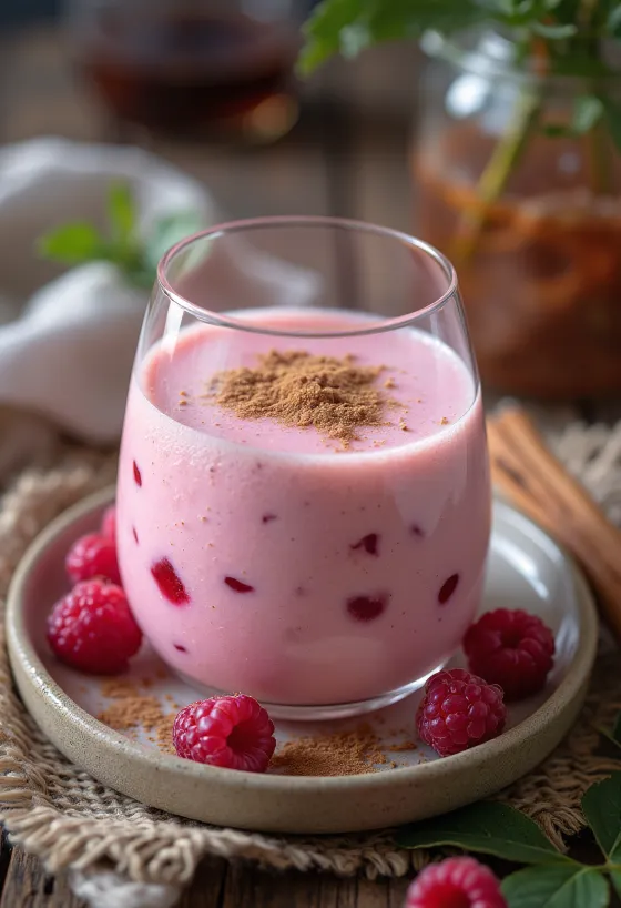 Probiotikus Málnás-fahéjas kefir pohárban, friss málna díszítéssel