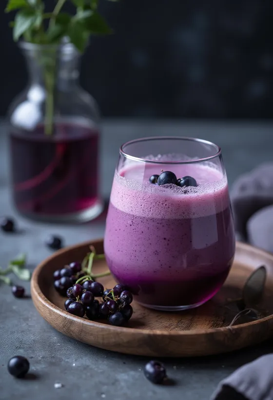 Zöld tea-feketeribizli kefir pohárban tálalva, friss gyümölcs nélkül