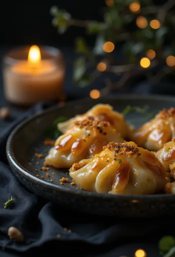 Sütőtökös gyoza aranybarna aljú, párolt tésztával, szójaszósz mellett tálalva