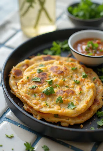Rice chilla zöldségekkel és fűszerekkel tálalva