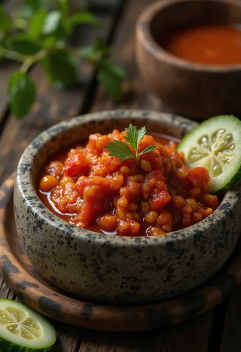 Sambal tomat, paradicsomos csípős szósz friss korianderrel tálalva