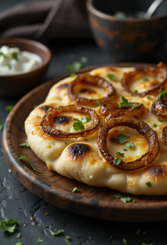 Sült hagymás naan kenyér rusztikus tálalásban