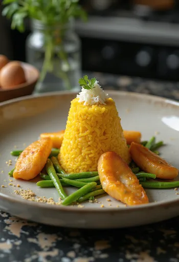 Tumpeng sült hal citrommal és petrezselyemmel tálalva, mellett zöldségekkel és rizssel