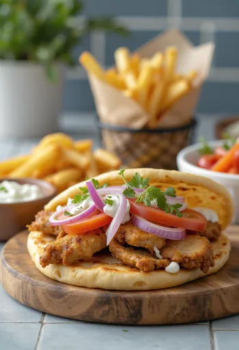 Vegyes gyros pita csirkével, sertéssel, tzatzikivel, paradicsommal, hagymával és sült krumplival