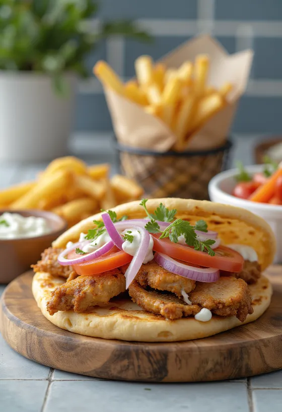 Vegyes gyros pita csirkével, sertéssel, tzatzikivel, paradicsommal, hagymával és sült krumplival