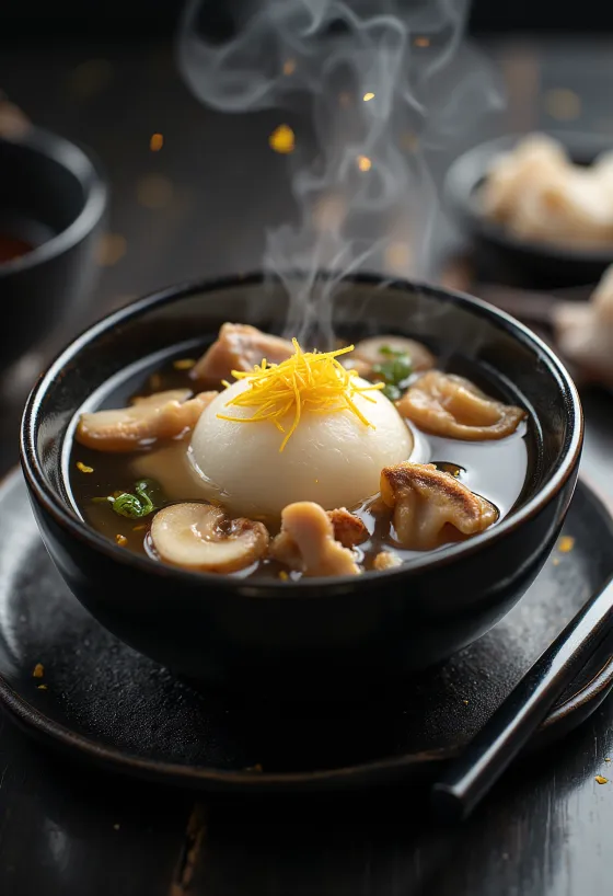 Zoni yuzu héjjal, miso leves, friss tavaszi hagymával és shiitake gombával tálalva