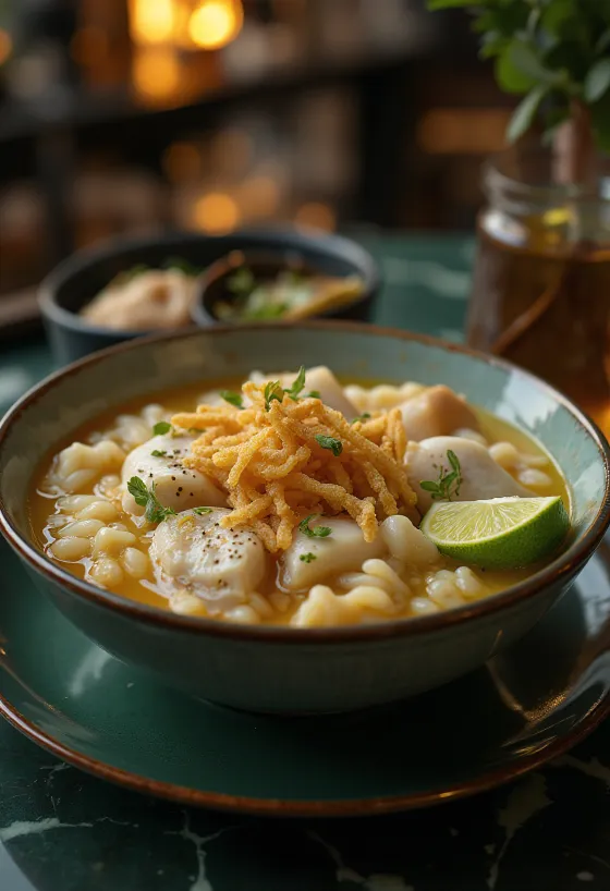 Arroz Caldo halas változatban, sült halfilével, zöldhagymával és ropogós fokhagymával tálalva