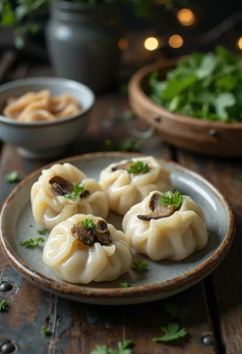 Bánh bột lọc gombával, gombás töltelékkel és friss korianderrel tálalva