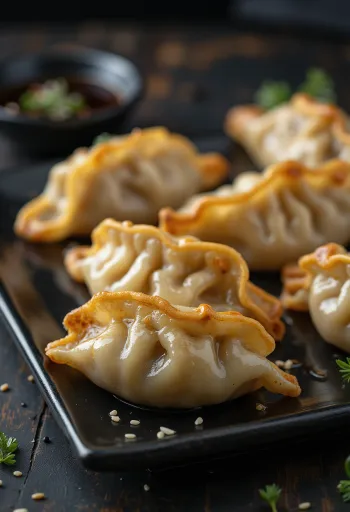 Beef Gyoza tálalva szójaszószos mártogatóval