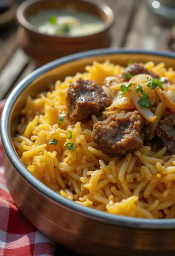 Biryani kecskehússal, indiai stílusú fűszeres rizses étel