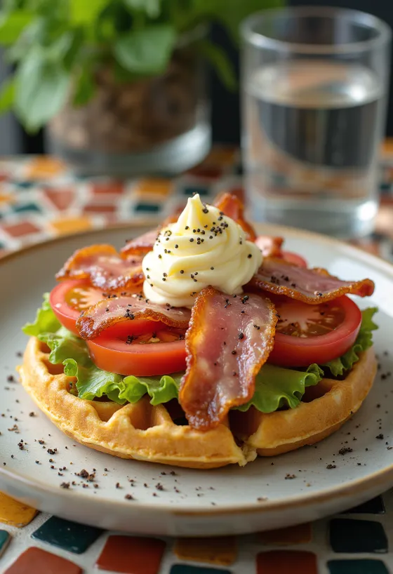 BLT gofri frissen sütve, ropogós baconnel, paradicsommal és salátával