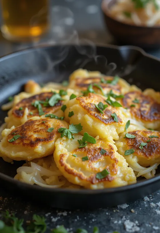 Bubble and squeak savanyú káposztával tálalva, aranybarna ropogós réteggel
