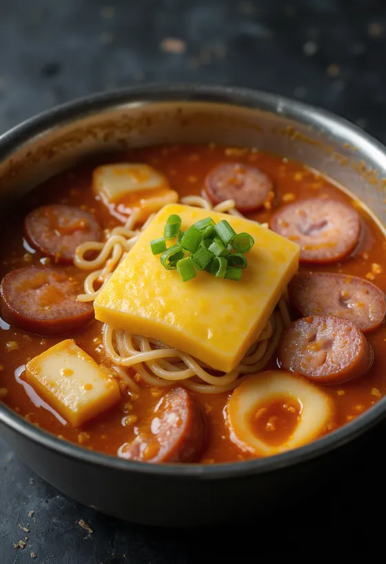 Budae jjigae, koreai fűszeres leves, tofukkal és tésztával tálalva