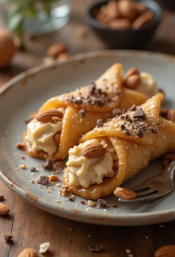 Cannoli karamellás töltelékkel, friss mascarponés töltelék, mandulával és csokoládéval díszítve