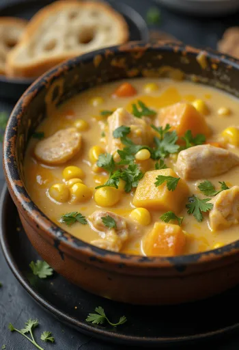 Chupe de gallina, gazdag csirkeleves kukoricával és burgonyával tálalva, parmezán sajttal