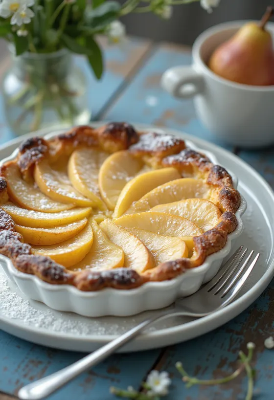 Friss, aranybarna Clafoutis körte szeletekkel, tálalva
