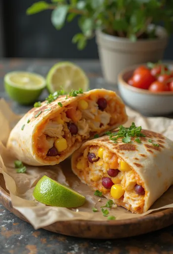 Csirkés burrito fűszeresen, friss zöldségekkel és salsa szósszal tálalva