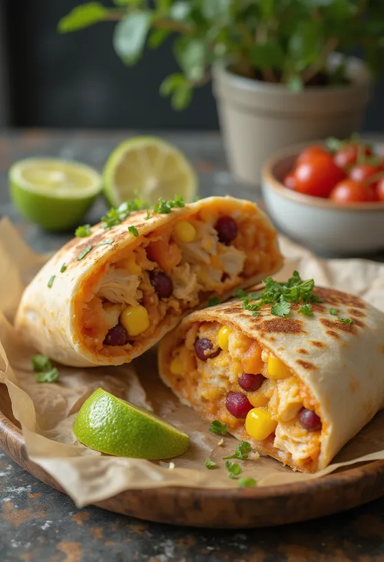 Csirkés burrito fűszeresen, friss zöldségekkel és salsa szósszal tálalva