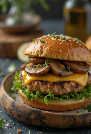 Csirkés-gombás hamburger grillezett csirkével és pirított gombával