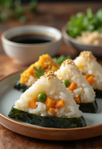 Curry-zöldséges onigiri nori lapokkal tálalva