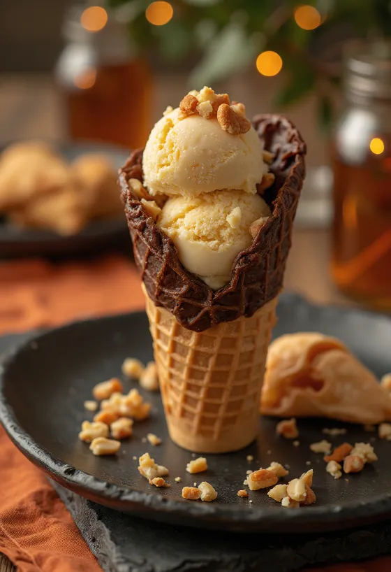 Drumstick Butterscotch tölcséres fagylalt tálalva