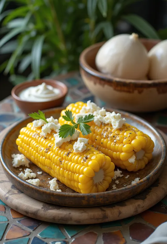 Elote feta sajttal – friss kukorica feta sajttal, tejföllel és fűszeres paprikával tálalva