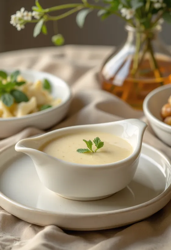 Velouté mártás tálalva szárnyas ételekkel