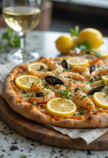 Frutti di Mare pizza citrommal és kapribogyóval tálalva