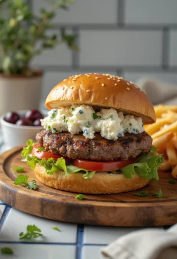 Frissen készült görög hamburger fetával és tzatzikivel