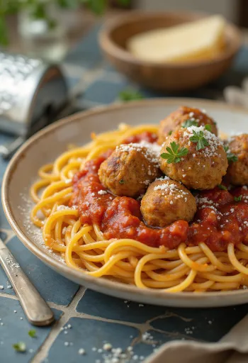 Húsgombócok paradicsomszósszal és spagettivel tálalva