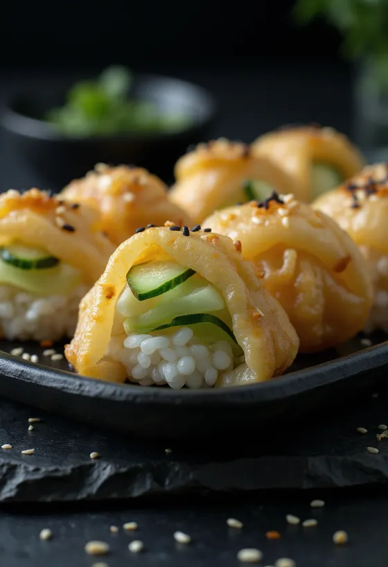 Inarizushi uborkával tálalva, szezámmaggal megszórva