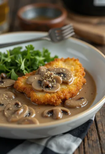 Jägerschnitzel tálalva gombás szósszal és petrezselyemmel