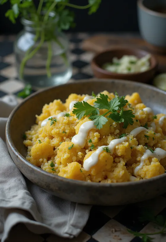 Karfiolos quinoa curry tahinivel tofuval tálalva