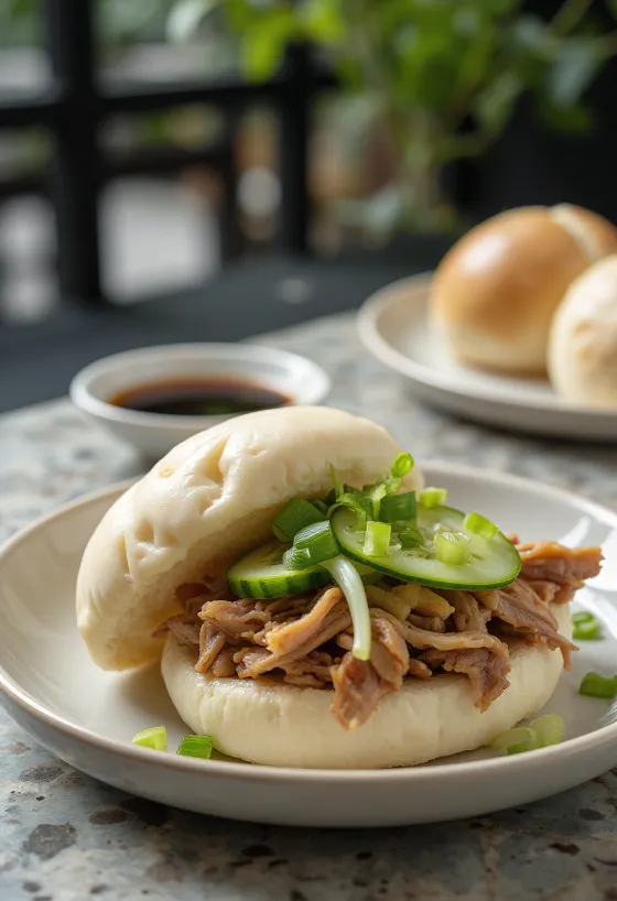 Klasszikus sertéshúsos bao bun étel tálalva