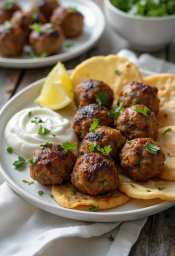 Kofta fűszeres bárányhússal tálalva friss joghurttal és petrezselyemmel