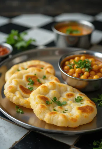 Luchi csicseriborsó curryvel tálalva, friss korianderrel és pufi kenyérrel