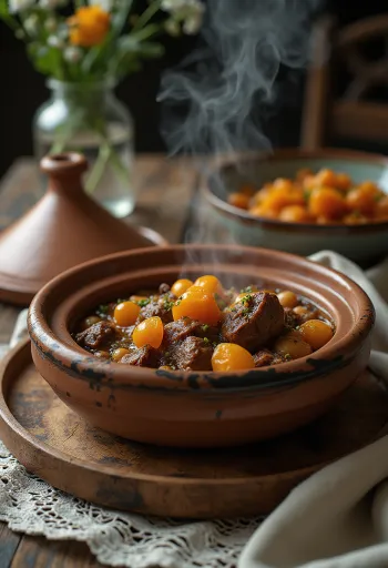 Marokkói tagine étel cserépedényben tálalva, gazdag fűszerekkel és színes zöldségekkel díszítve.